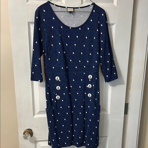 Navy Blue bird/white hearts Dress with anchor button detailing